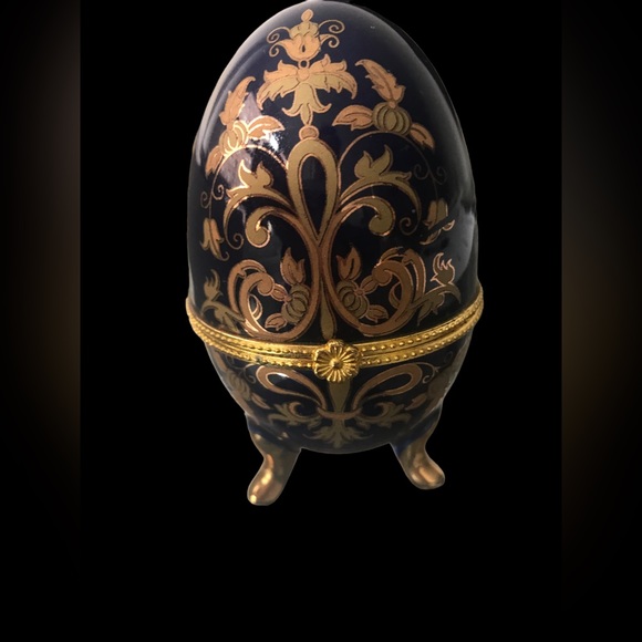 NEW Egg Trinket Box Fabrege Style Blue Gold decorative accent table small - Picture 3 of 8